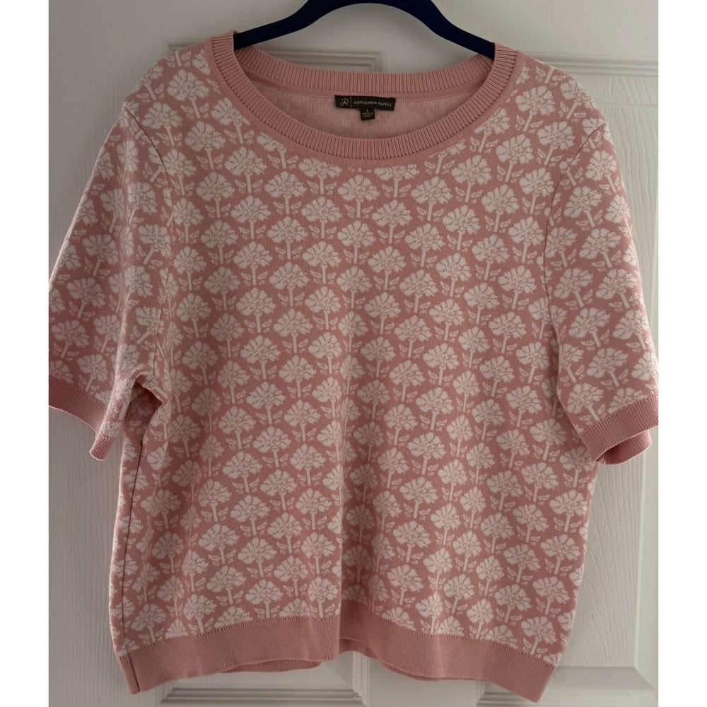 Adrianna Papell Pink Floral Pattern Retro Short Sleeve Knit Top Women's Size L - Picture 4 of 7